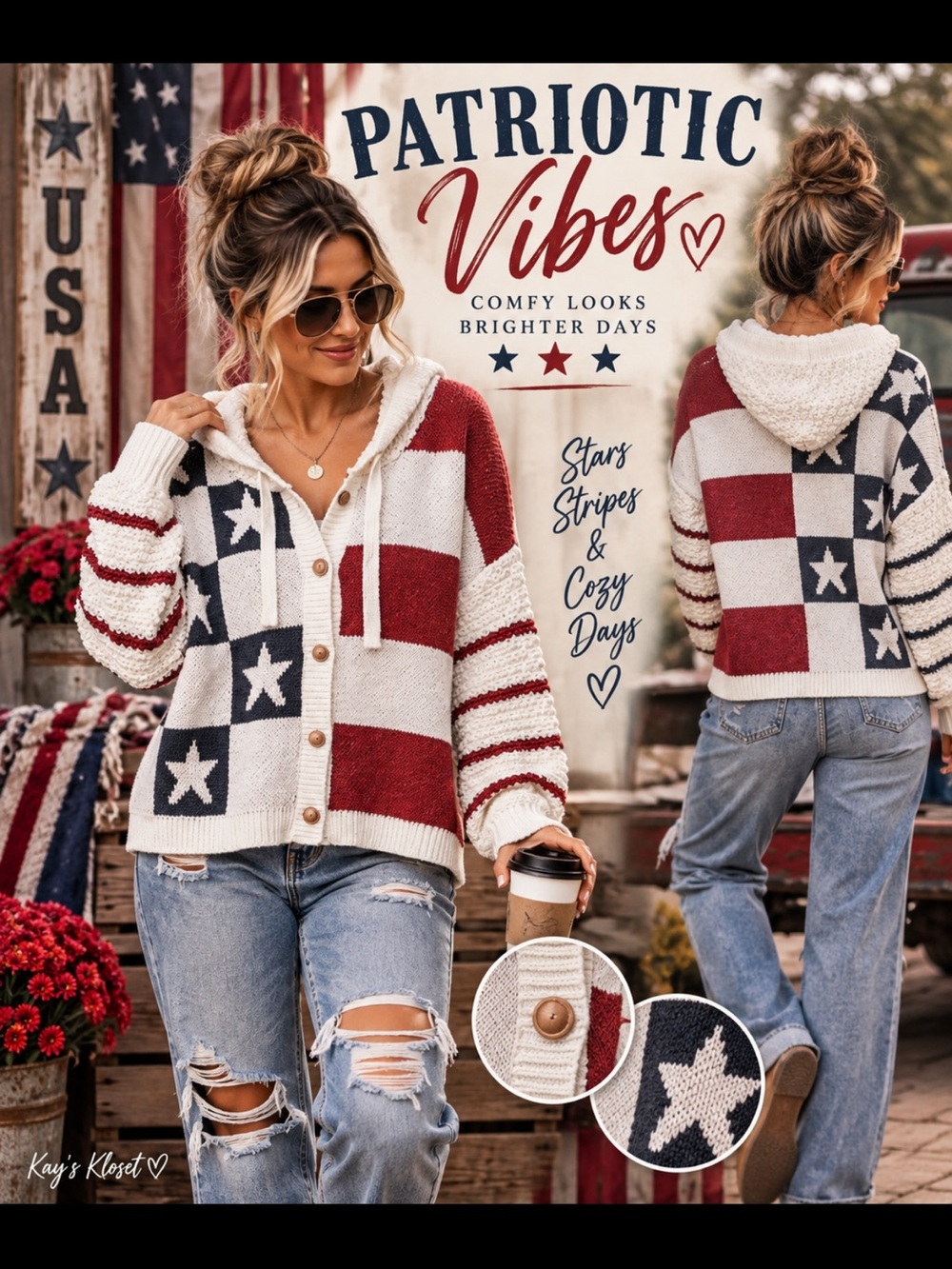 MW1-❤️🤍💙 Patriotic Star & Stripe Hooded Cardigan Sweater - Red, White & Blue